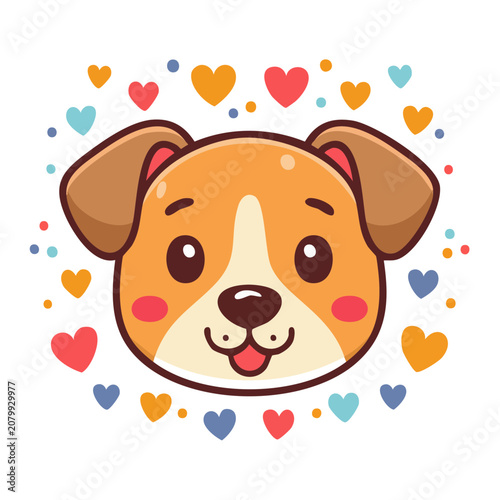 Cute cartoon dog face with hearts and colorful dots