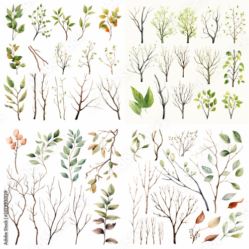 Watercolor Botanical Clipart Set Featuring Hand Painted Green Leaves Twigs and Seasonal Tree Branches for Artistic Design Projects