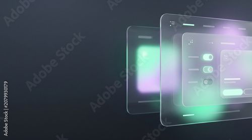 Abstract UI design with frosted glass panels and glowing neon interface elements on dark backdrop