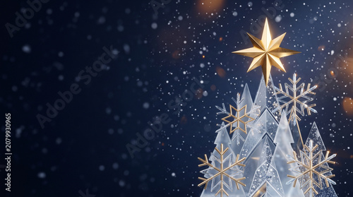 Abstract crystal Christmas tree with golden star and snowflakes on a dark snowy background