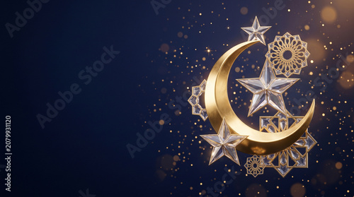 Abstract golden crescent moon with crystal stars and geometric patterns on a dark background