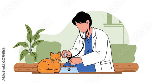 Veterinarian examines orange cat with stethoscope, pet care concept illustration