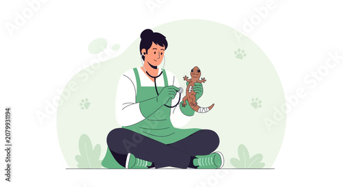 Veterinarian examining a small reptile with stethoscope, caring for pet