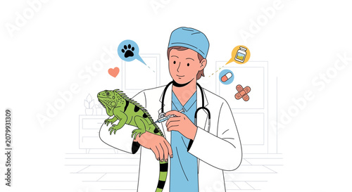 Veterinarian giving injection to iguana, illustration, animal health care concept