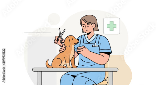 Veterinarian Grooming Adorable Puppy with Scissors, Health Care Concept