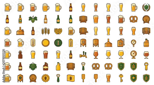 Obraz na płótnie Collection of beer-related icons and symbols, including glasses, bottles, barrels, pretzels, and brewing equipment