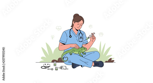 Veterinarian examining iguana with syringe in outdoor setting