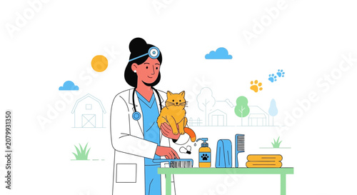 Veterinarian holding cat with pet care supplies, rural vet clinic illustration
