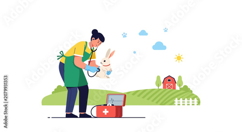 Veterinarian examining rabbit on farm, rural healthcare, animal care concept