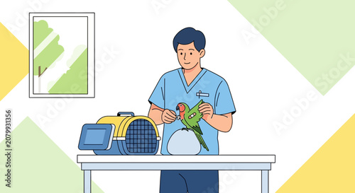 Veterinarian tending to a small parrot, beside a pet carrier.