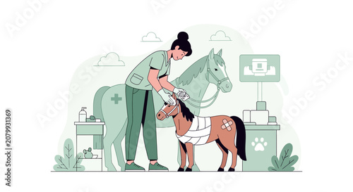 Veterinarian tending to injured pony, horse care, veterinary clinic