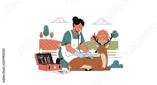 Veterinary Care: Female Vet Examines Deer on Rural Farm. Animal Health Concept.