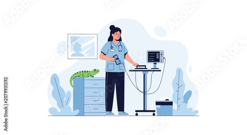 Veterinarian with animal patient and medical equipment
