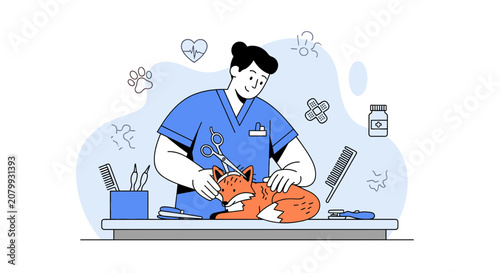 Veterinarian With Fox, Pet Care, Medical Checkup, Animal Health Concept