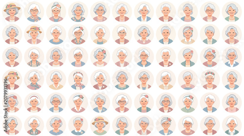 Fényképezés A diverse collection of stylized portraits featuring elderly women with various hairstyles and expressions