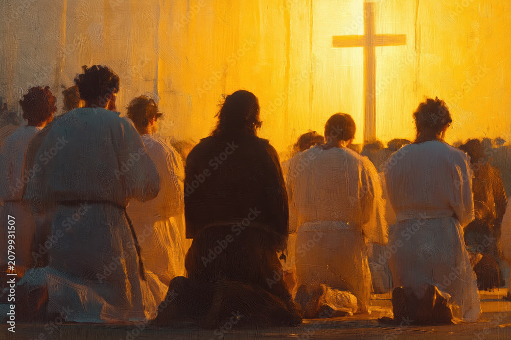 Obraz premium People Praying in Church with Glowing Cross Light – AI Generative