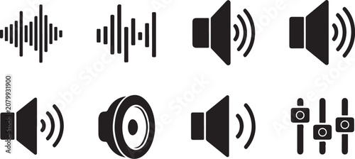 Fotografie Sound wave, speaker, audio icons, black set, vector graphics