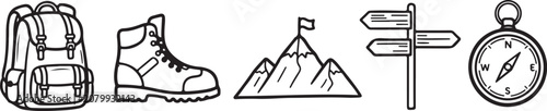 Canvas-taulu Hiking, travel, adventure icons, backpack, boot, mountain