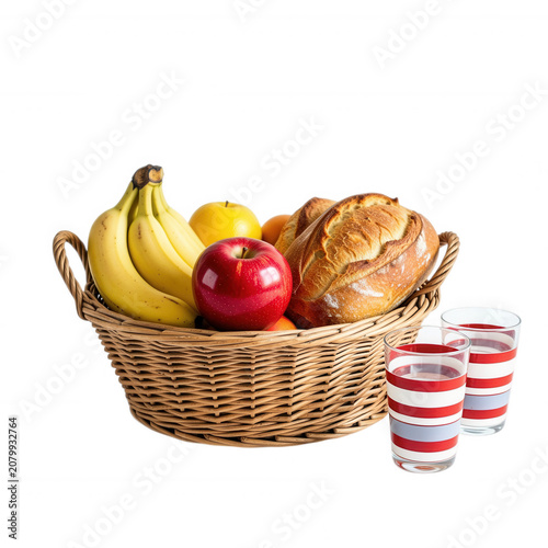 Fresh Fruit Bread Basket with Striped Glasses Transparent Background