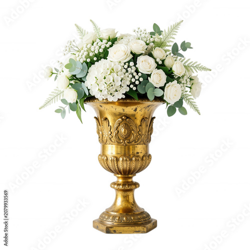Ornate Gold Vase with White Floral Arrangement Transparent Background