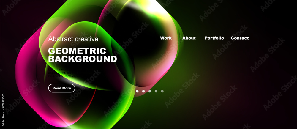 Naklejka premium Dynamic abstract design features vibrant gradients, geometric shapes, text elements, navigation menu. Modern aesthetic suitable website header.