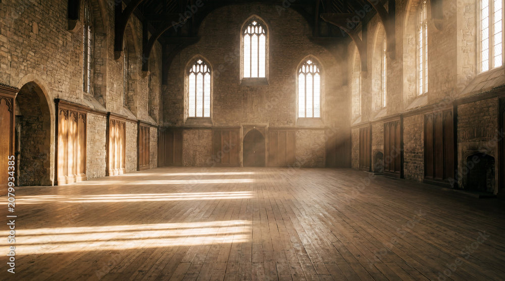 Fototapeta premium Watch Golden Sunlight Streaming Through High Architectural Windows Into A Completely Empty Prison Visiting Hall