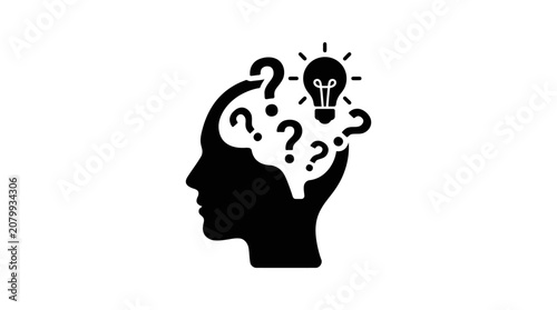 Silhouette of head with question marks and light bulb symbolizing idea