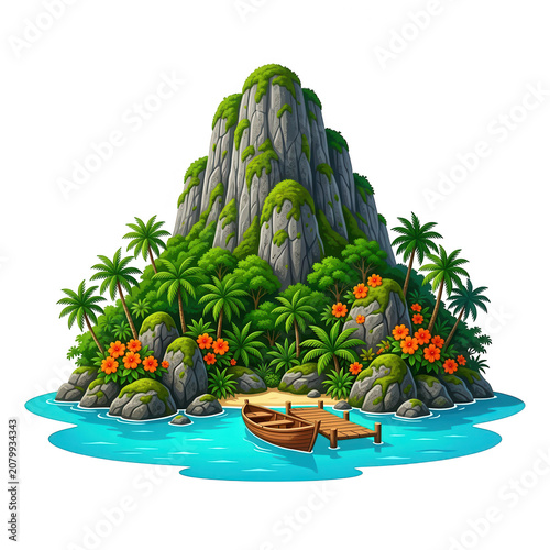 Tropical Island with Wooden Boat Transparent Background