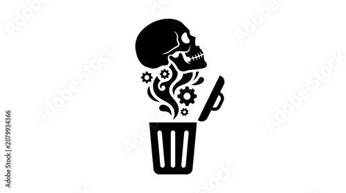 Skull emerging from trash can with gears and smoke