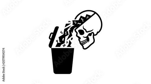 Skull spilling abstract shapes into trash can graphic