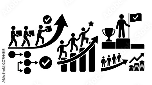 Business growth and success icons in black and white