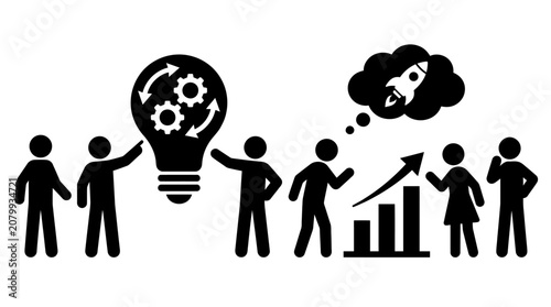 Team brainstorming idea with lightbulb, graph and rocket