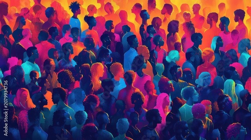 Vibrant crowd of diverse silhouetted people in colorful gradient light, profiles and varied hairstyles creating an energetic, connected atmosphere