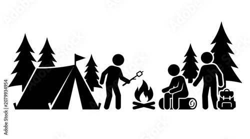 Camping scene with people roasting marshmallows by campfire