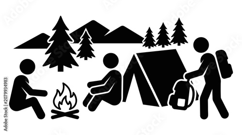 Campers by campfire and tent with mountains and trees