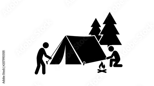 Camping scene with stick figures setting up tent and campfire