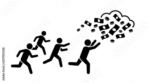 Stick figures chase flying money and coins
