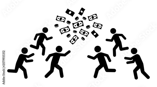 Stick figures chasing falling money and coins