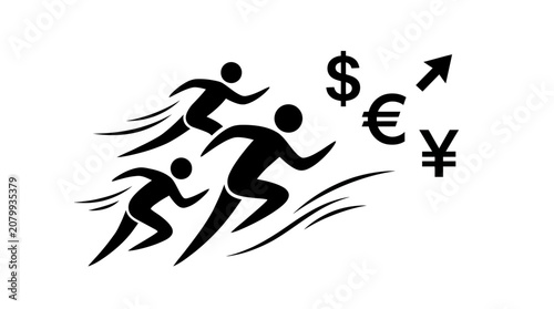 Stick figures race towards global currency symbols
