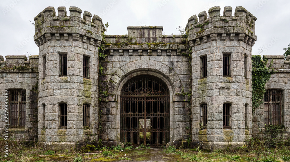 Fototapeta premium Spooky old prison facility showcasing a dark stone jail building facade alongside massive iron gates