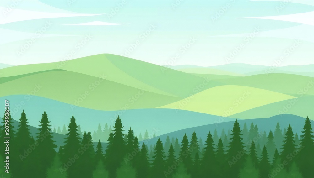 Fototapeta premium Serene green mountain landscape with evergreen forest in the foreground