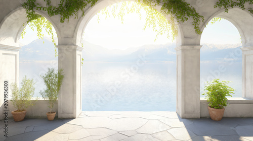 Sunlit Mediterranean Arches Over Serene Lake View