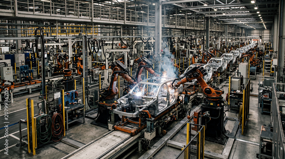 Fototapeta premium Modern Efficient Automotive Assembly Line Moving Unpainted Bare Vehicle Frames Rapidly Through Robotic Factory Stages