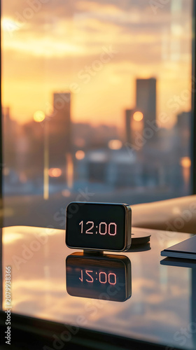 Digital Clock on Desk with Sunset City View