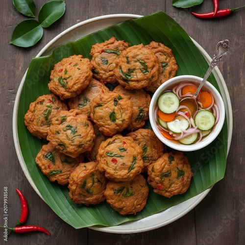 Golden Thai fish cakes (Tod Mun Pla) are served on a green banana leaf within a round white plate. They are speckled with red chili and slivers of kaffir lime leaves, enhancing their aromatic appeal.