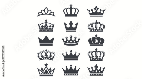 Fotografie Collection of black crown silhouettes and tiara icons on white background