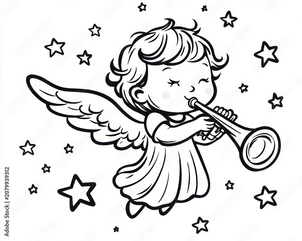Obraz premium smiling winged child angel playing a trumpet while flying among stars, joyful and peaceful line art illustration
