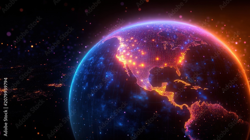 Fototapeta premium Glowing digital Earth from space showing North, Central and northern South America with bright city lights, neon network grid, stars and a vibrant futuristic sense of connection and awe
