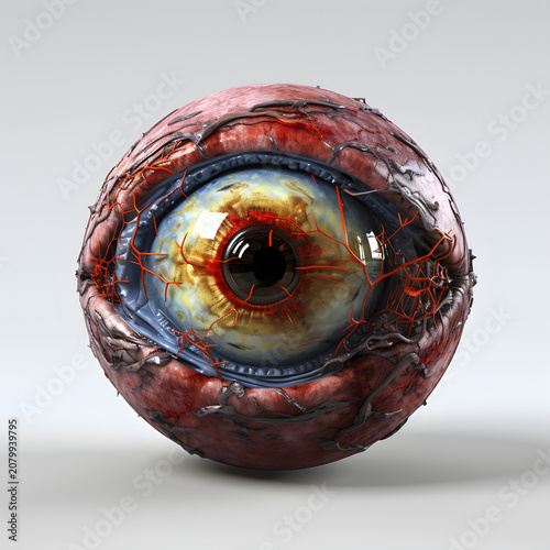 A highly detailed human eyeball with realistic textures and blood vessels on a plain background