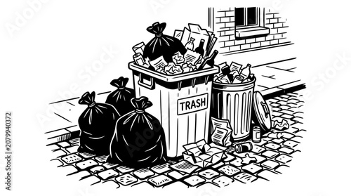 Slika na platnu Overflowing Trash Bins and Bags on Cobblestone Street